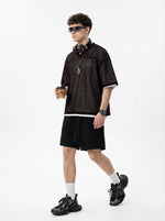 240GSM Men’s Boxy-Fit Mesh Layering V-Neck T-Shirt Coffee Brown