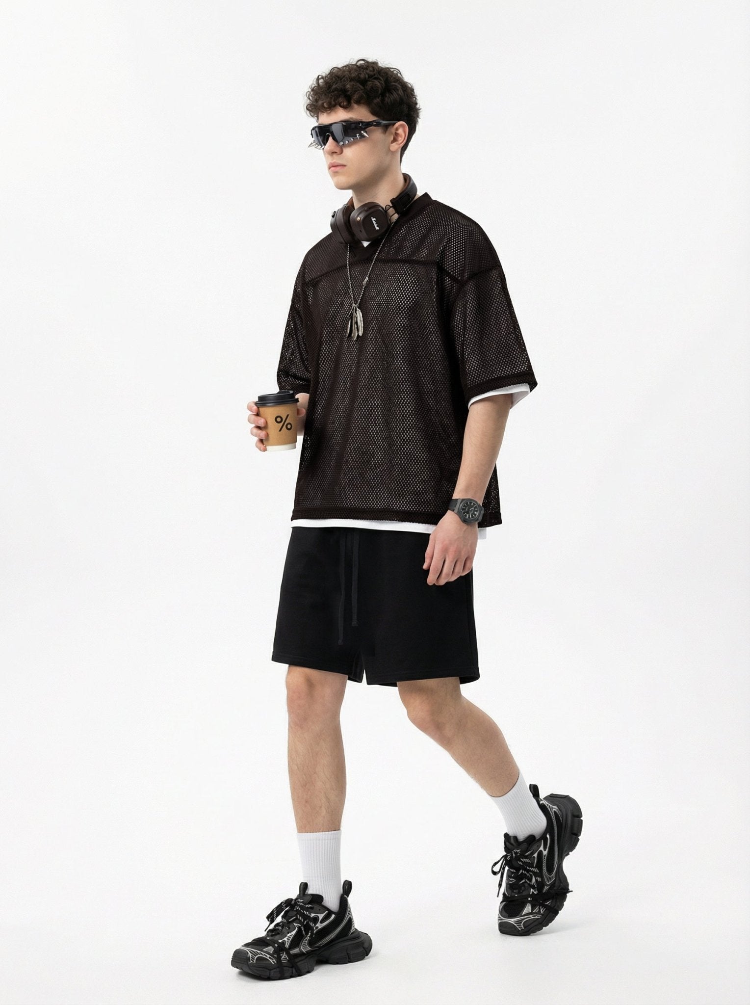 240GSM Men’s Boxy-Fit Mesh Layering V-Neck T-Shirt Coffee Brown