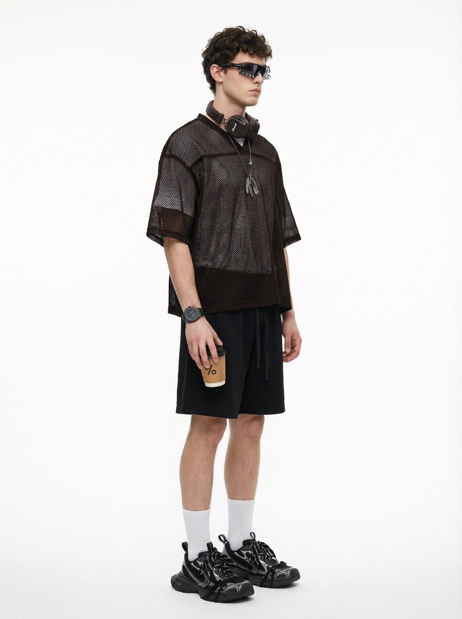240GSM Men’s Boxy-Fit Mesh Layering V-Neck T-Shirt Coffee Brown