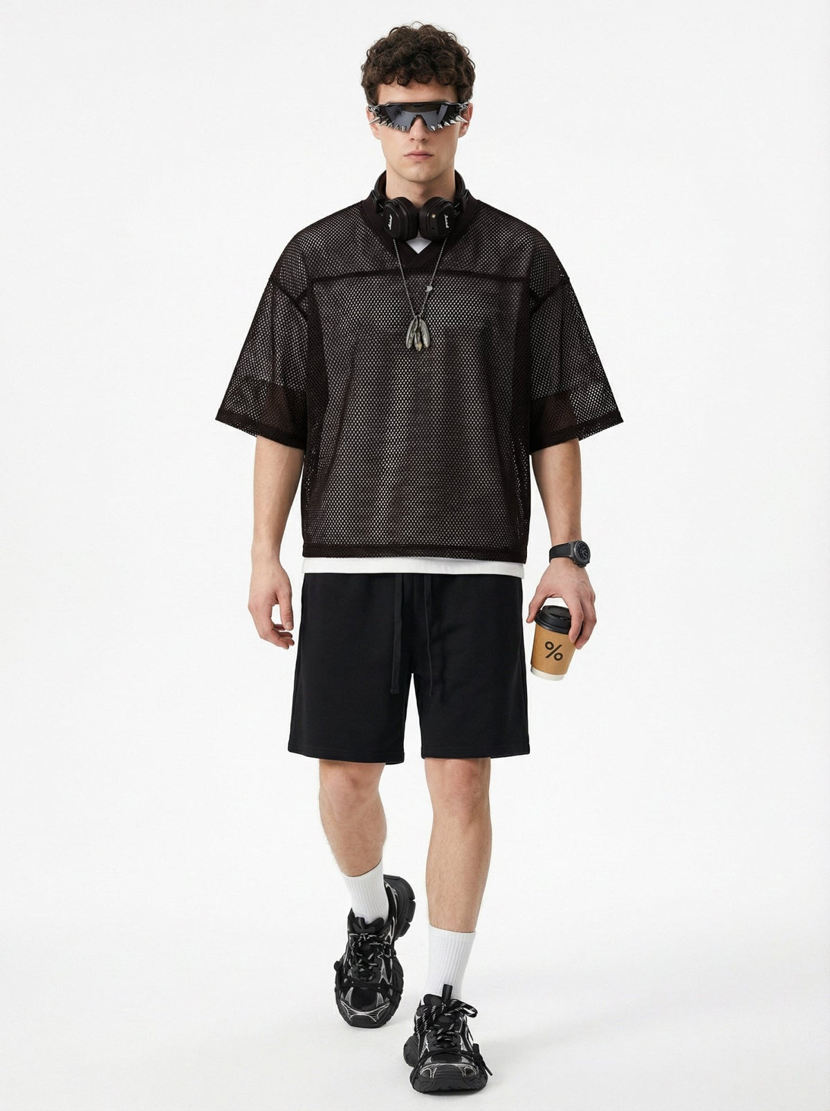 240GSM Men’s Boxy-Fit Mesh Layering V-Neck T-Shirt Coffee Brown