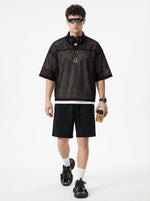 240GSM Men’s Boxy-Fit Mesh Layering V-Neck T-Shirt Coffee Brown