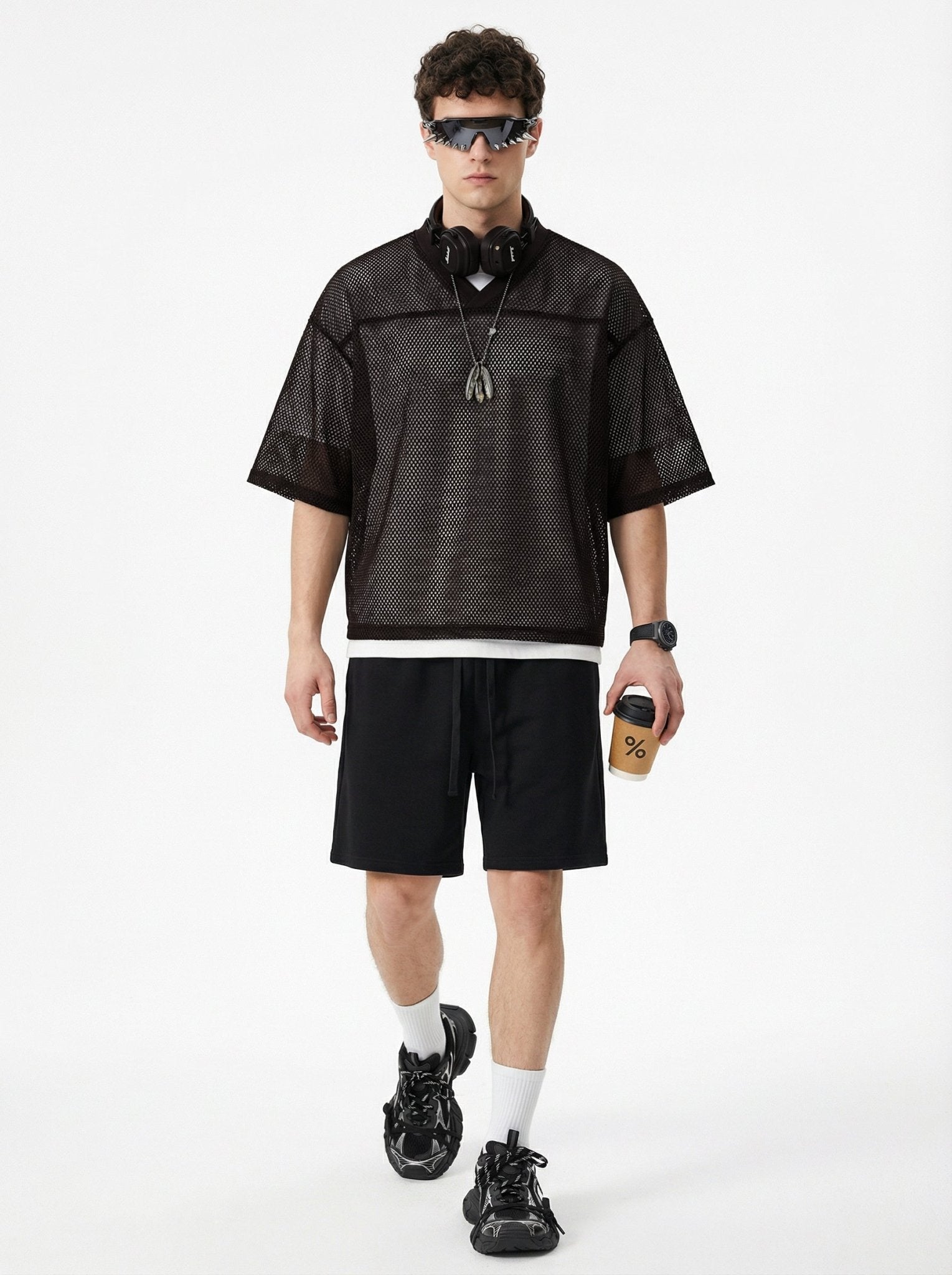 240GSM Men’s Boxy-Fit Mesh Layering V-Neck T-Shirt Coffee Brown