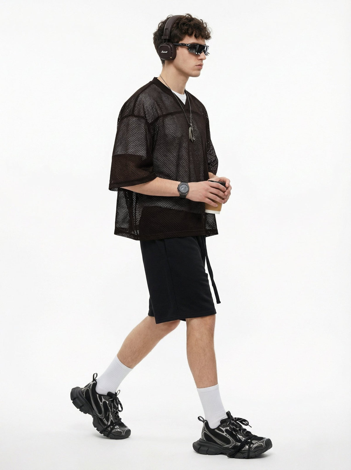 240GSM Men’s Boxy-Fit Mesh Layering V-Neck T-Shirt Coffee Brown