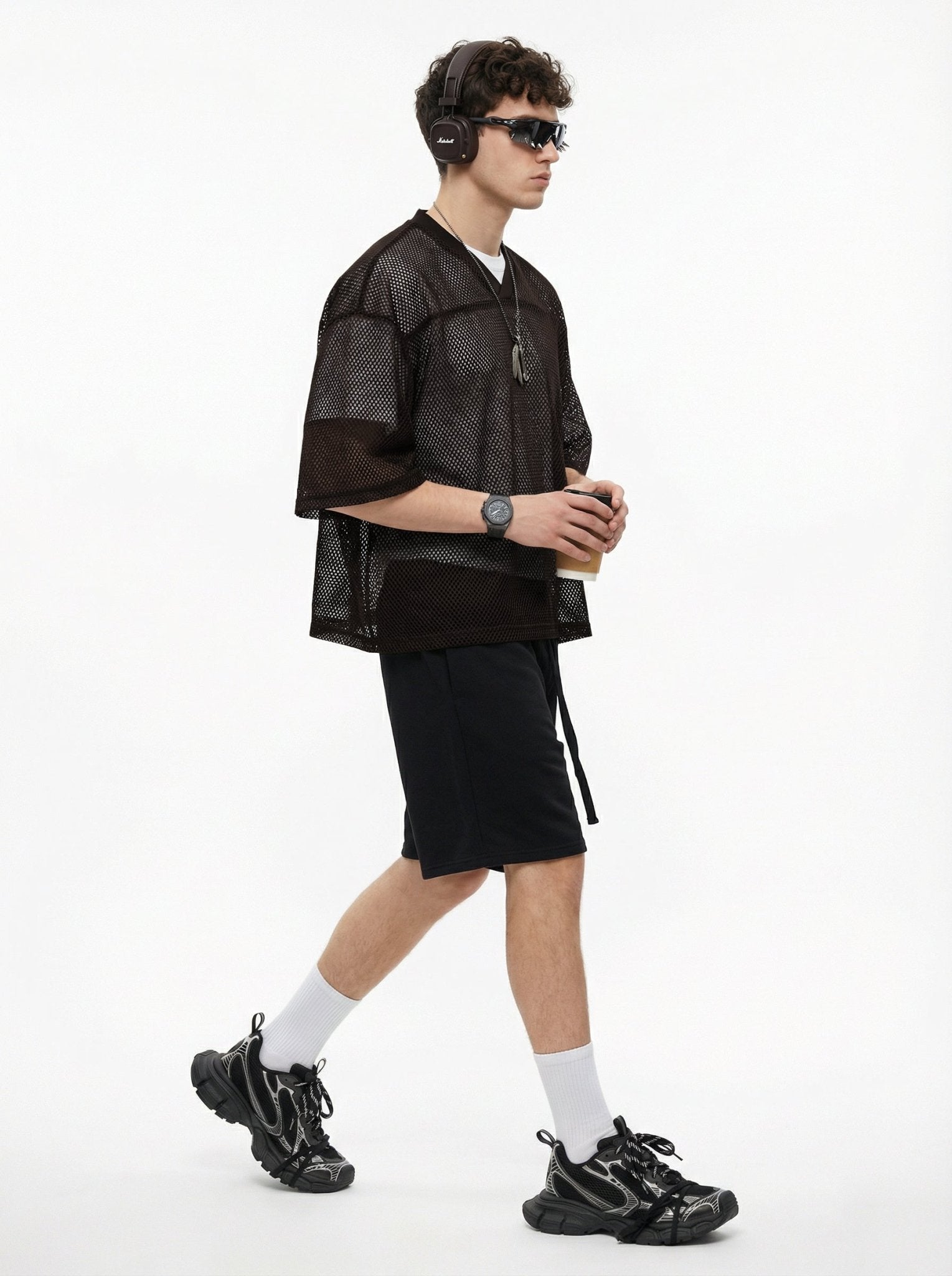 240GSM Men’s Boxy-Fit Mesh Layering V-Neck T-Shirt Coffee Brown