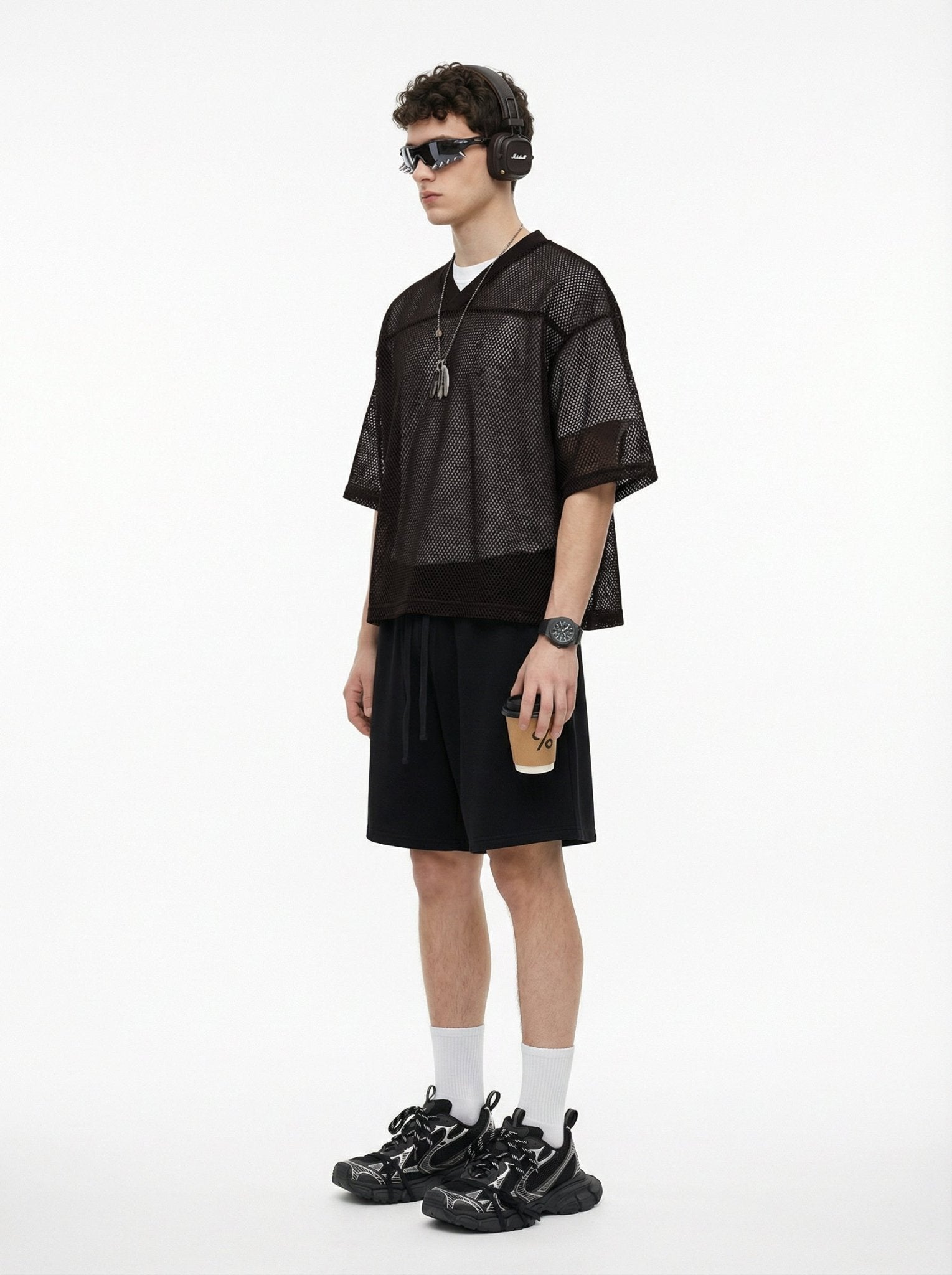 240GSM Men’s Boxy-Fit Mesh Layering V-Neck T-Shirt Coffee Brown