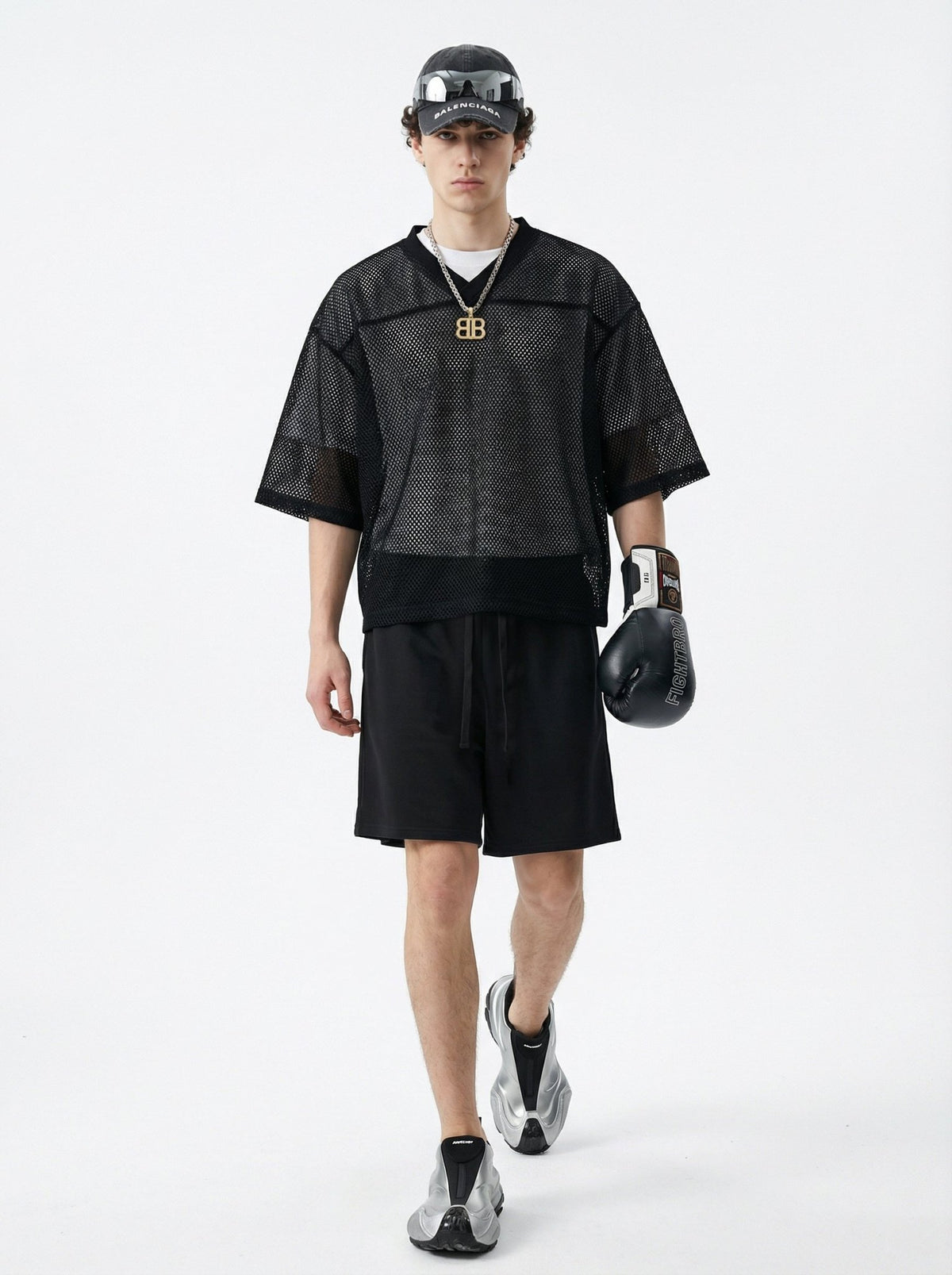 240GSM Men’s Boxy-Fit Mesh Layering V-Neck T-Shirt Black