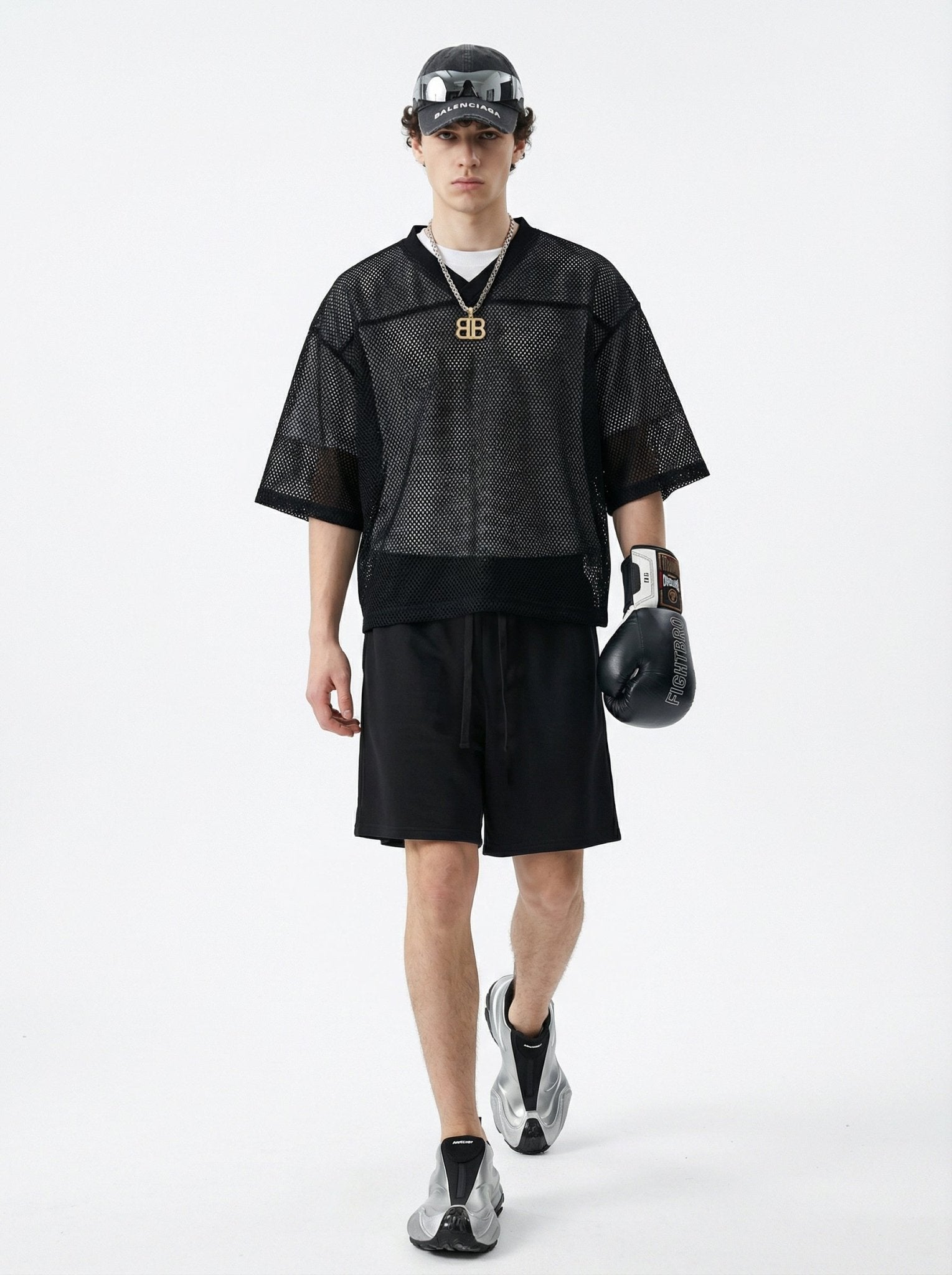 240GSM Men’s Boxy-Fit Mesh Layering V-Neck T-Shirt Black