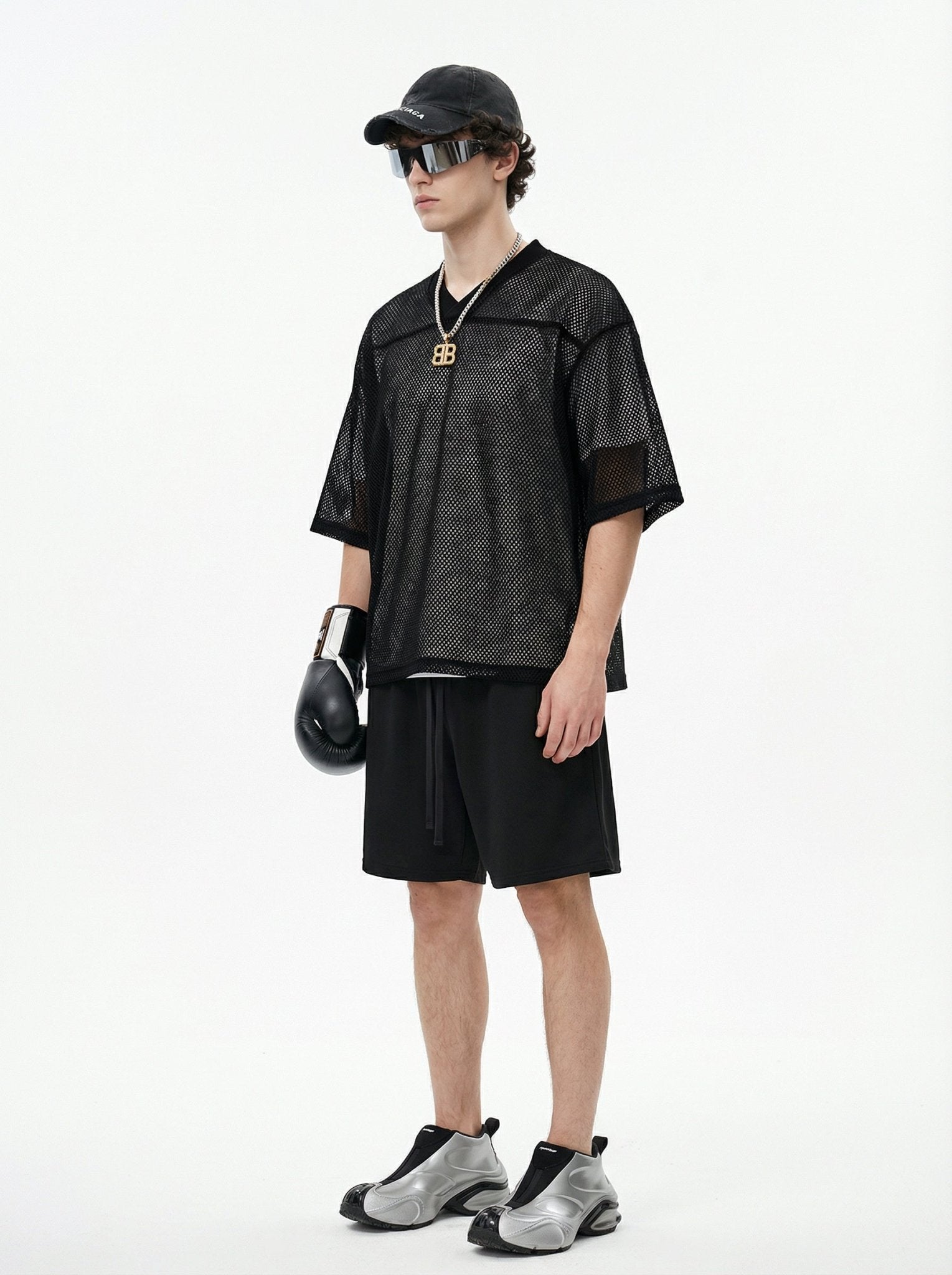 240GSM Men’s Boxy-Fit Mesh Layering V-Neck T-Shirt Black