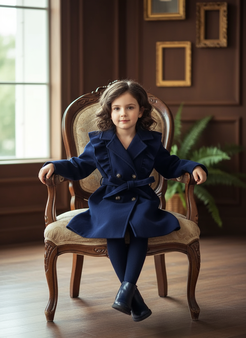 Indoor portrait of girl in navy coat