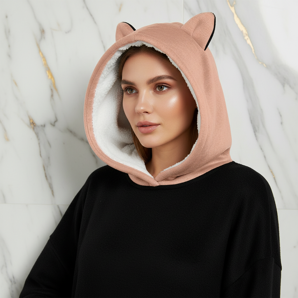 Intimate portrait showing hood and cat ear details