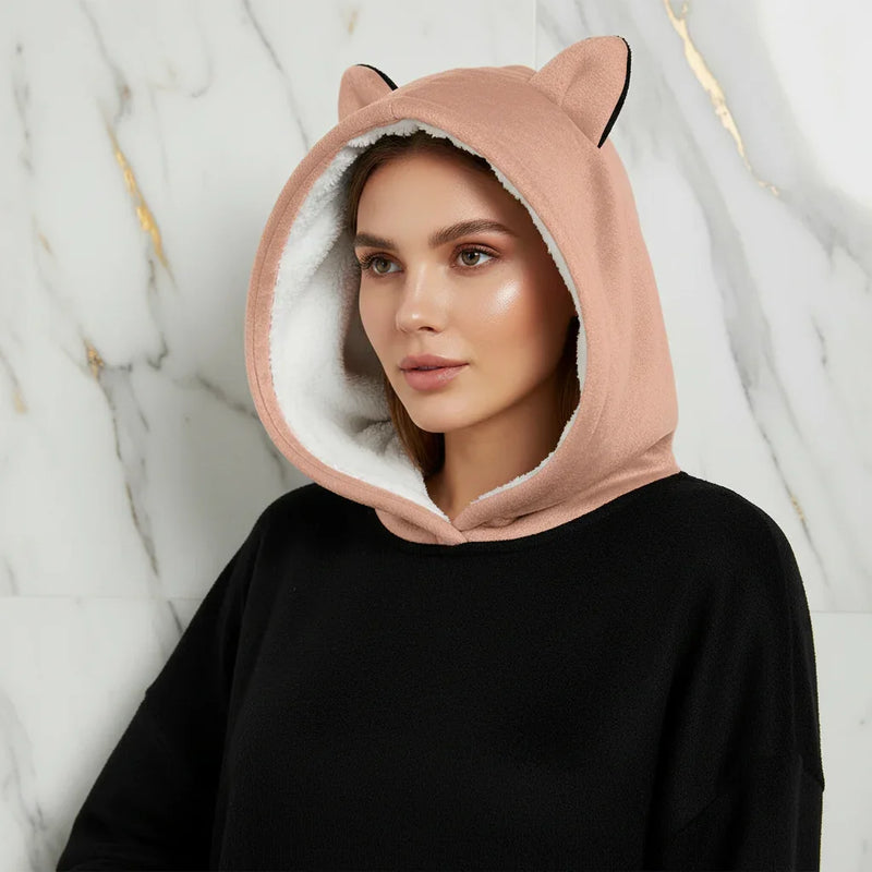 Intimate portrait showing hood and cat ear details