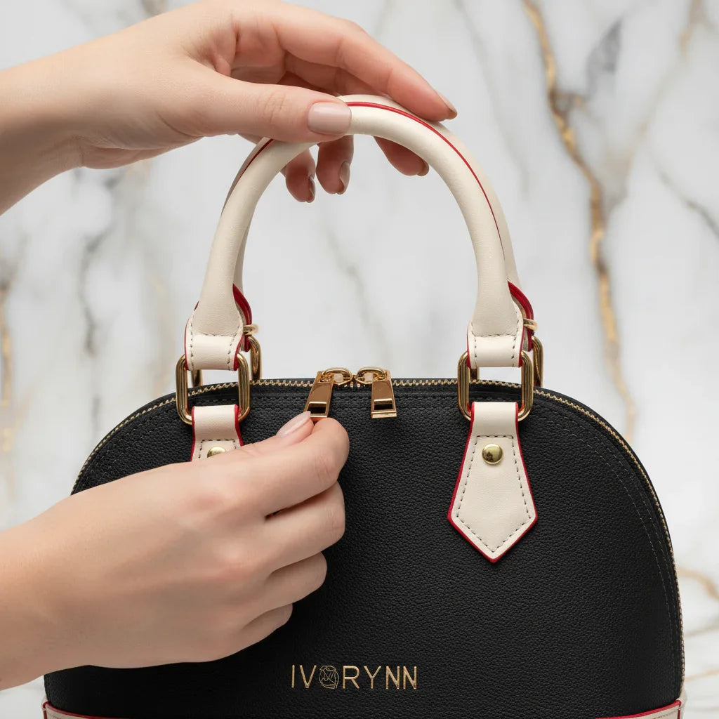 IVORYNN bag - close-up hardware details on gold marble