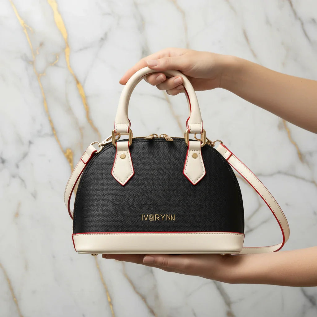 IVORYNN bag held - front view on gold marble