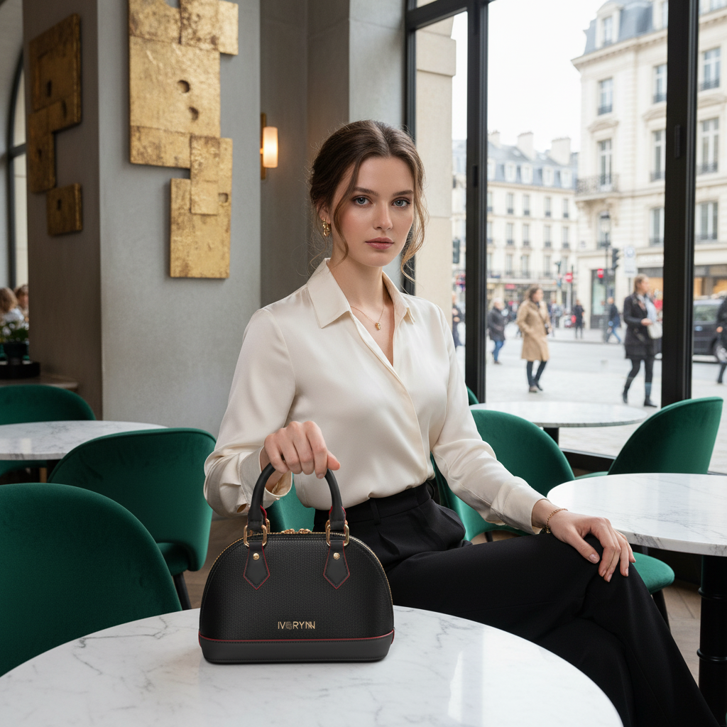 IVORYNN bag in contemporary café with marble tables