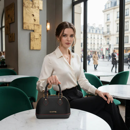 IVORYNN bag in contemporary café with marble tables