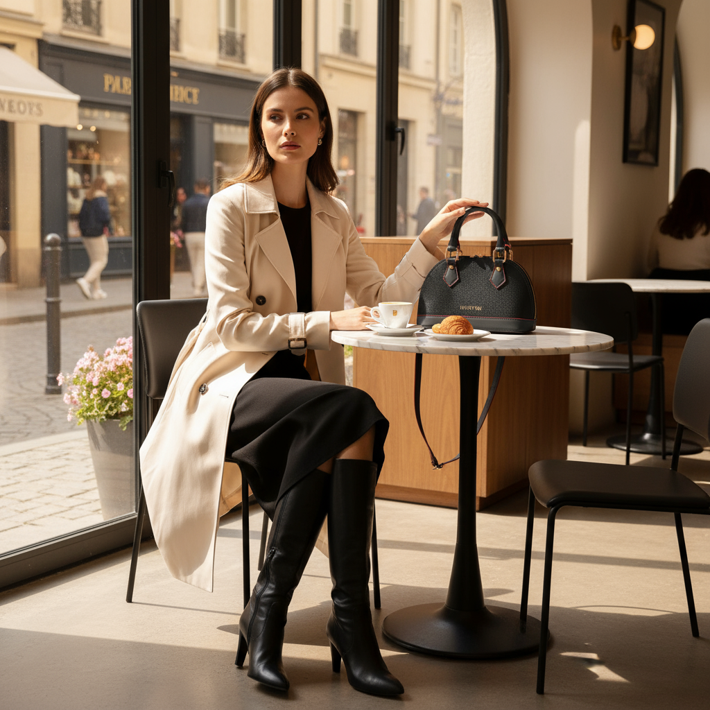 IVORYNN bag in European café - seated at table