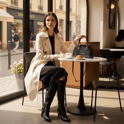IVORYNN bag in European café - seated at table