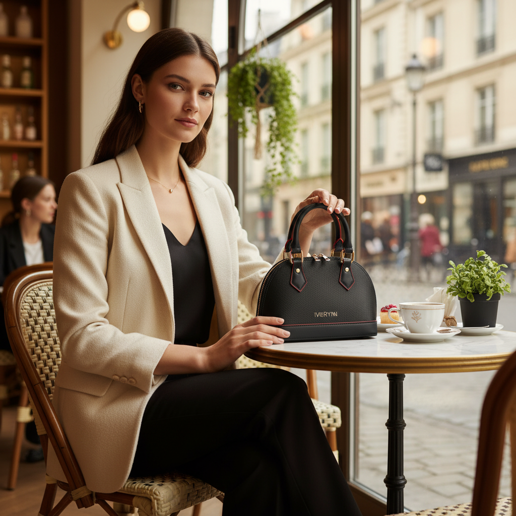 IVORYNN bag in European café - seated