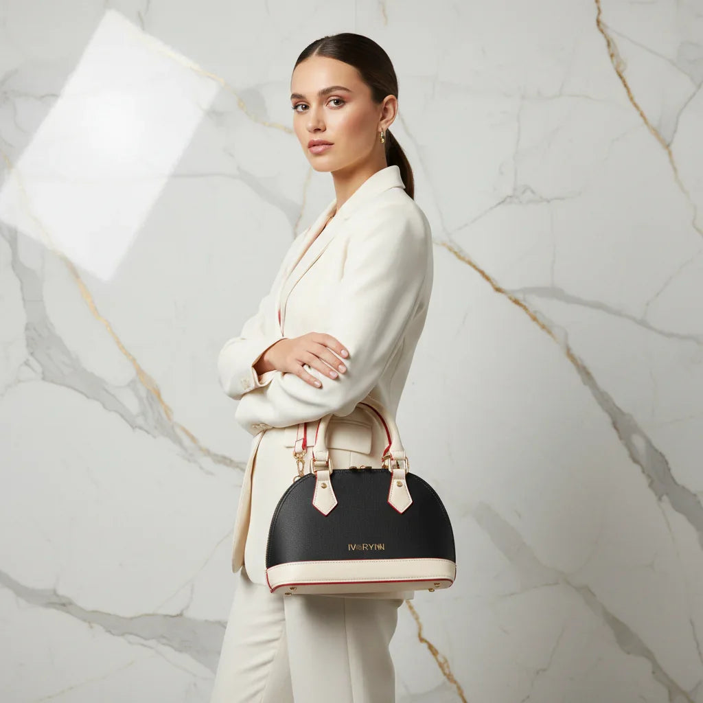 IVORYNN bag on arm - three-quarter view on gold marble