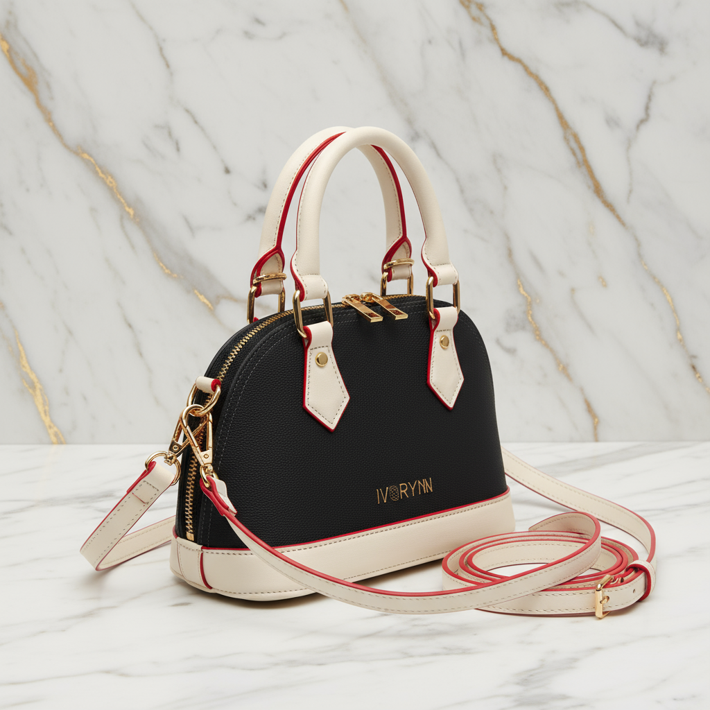 IVORYNN bag - side angle view on gold marble