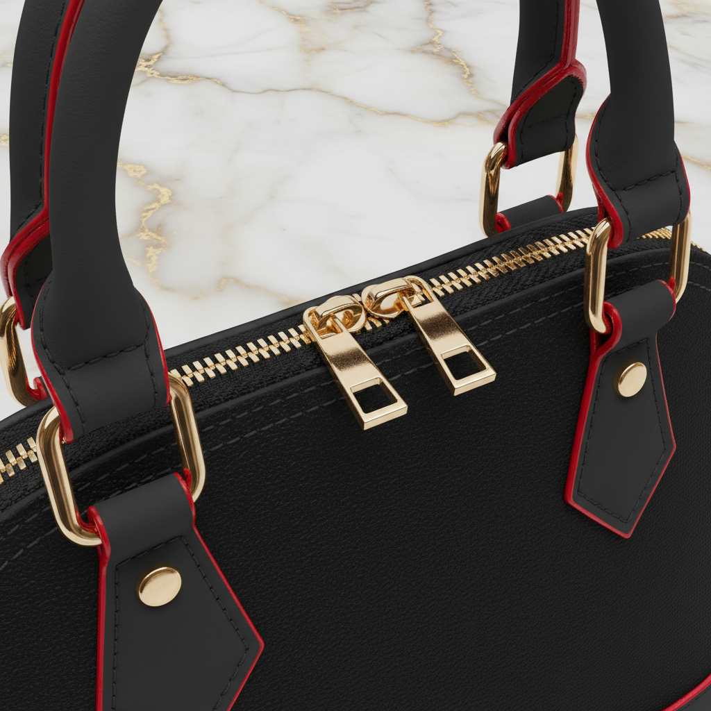 IVORYNN black bag - close-up hardware details on gold marble