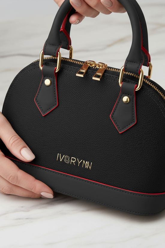 IVORYNN black bag - close-up hardware details on gold marble