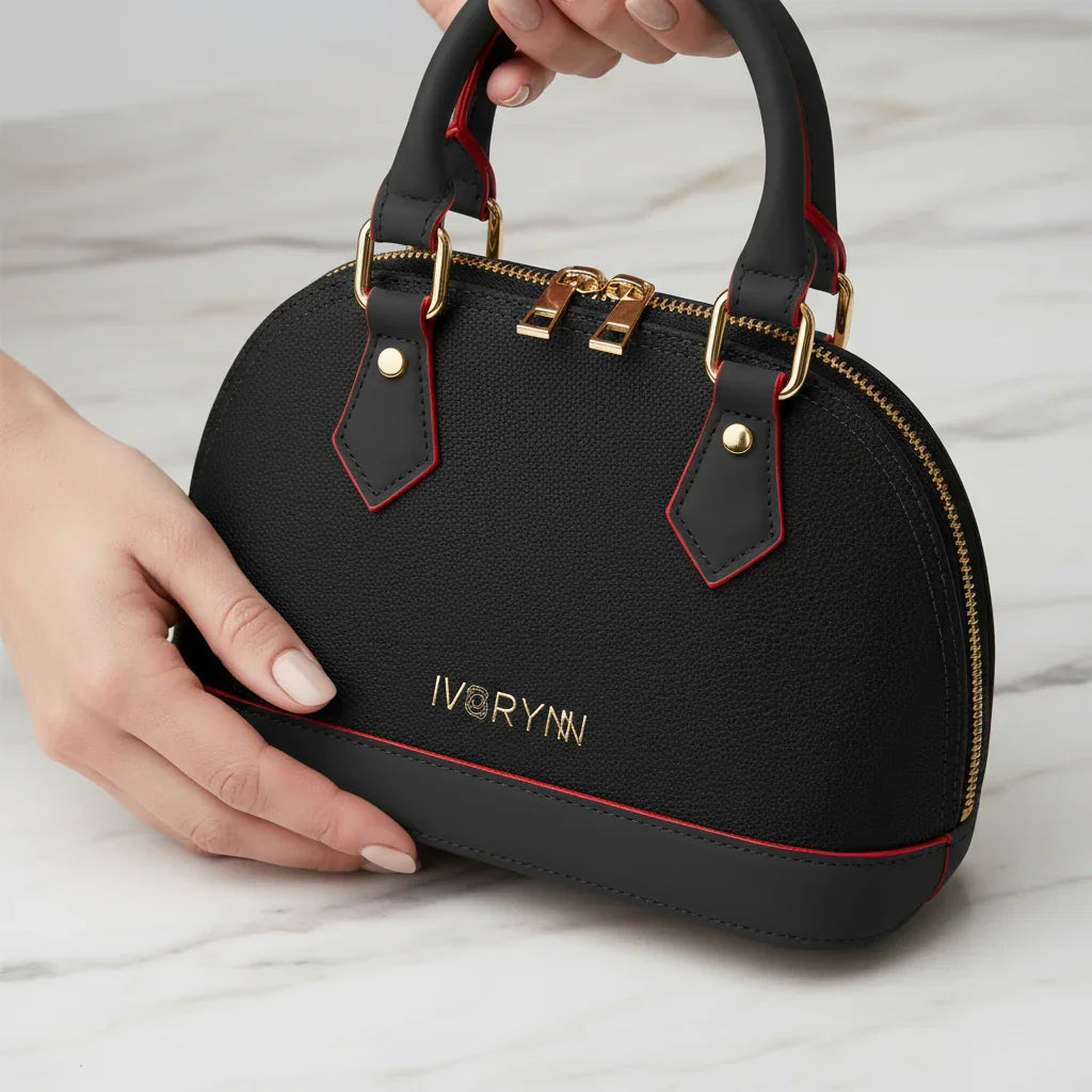 IVORYNN black bag - close-up hardware details on gold marble