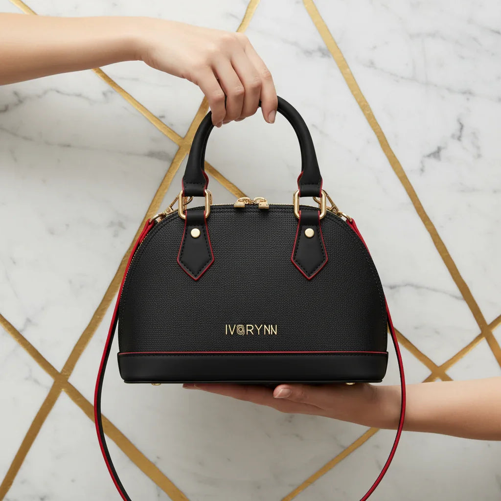 IVORYNN black bag held - front view on gold marble