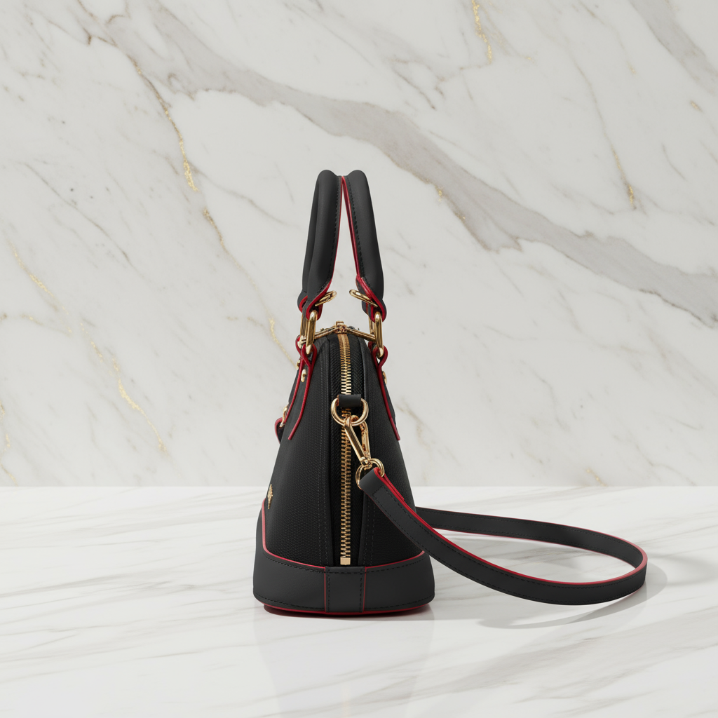IVORYNN black bag - side angle view on gold marble