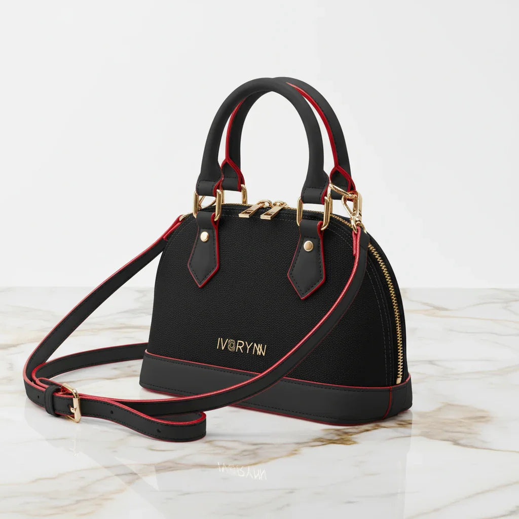 IVORYNN black bag - three-quarter angle on gold marble