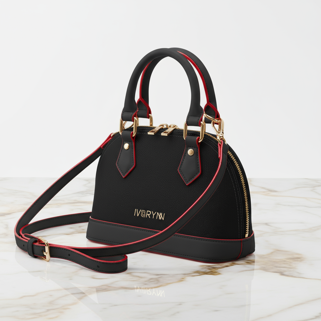 IVORYNN black bag - three-quarter angle on gold marble