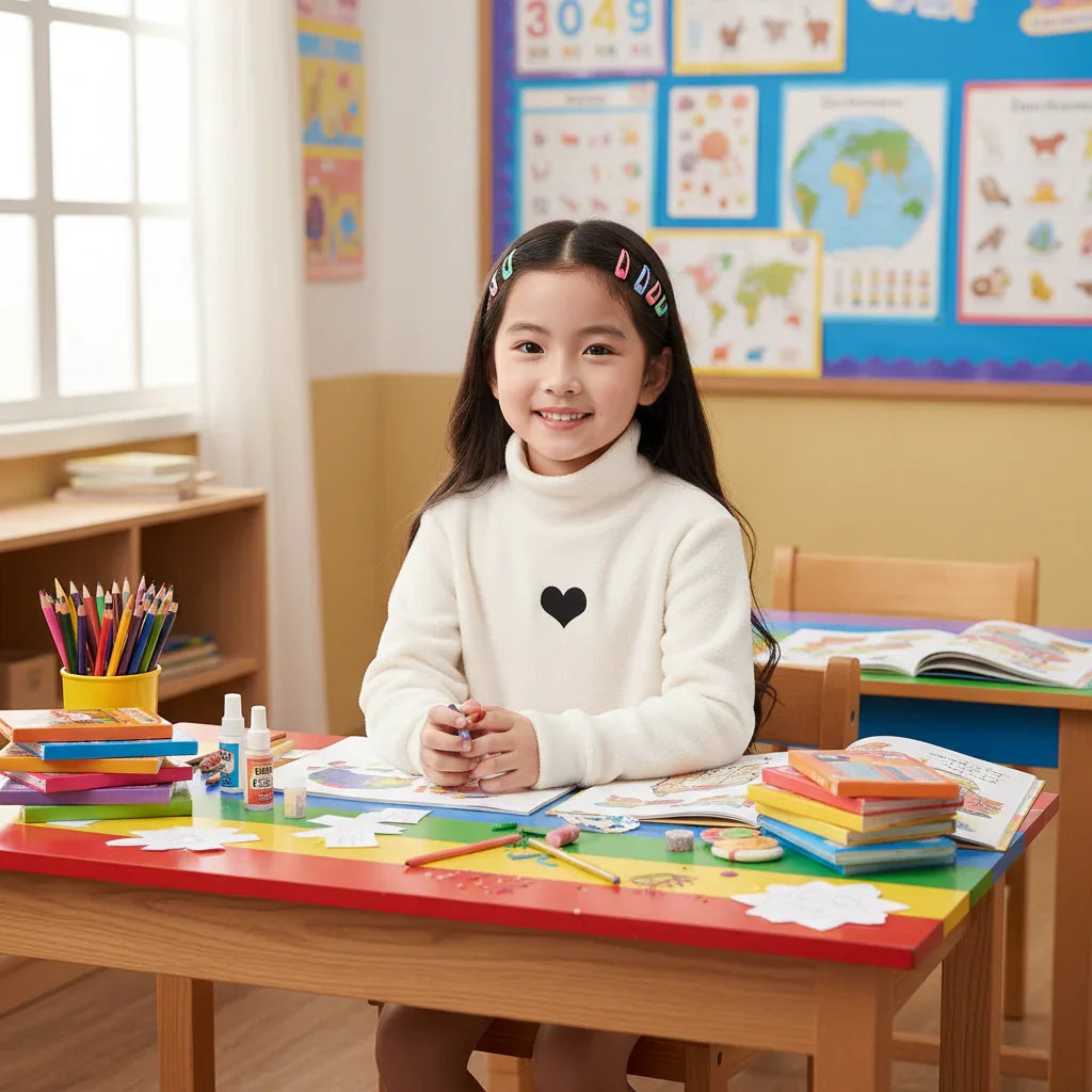 Japanese girl at desk with supplies