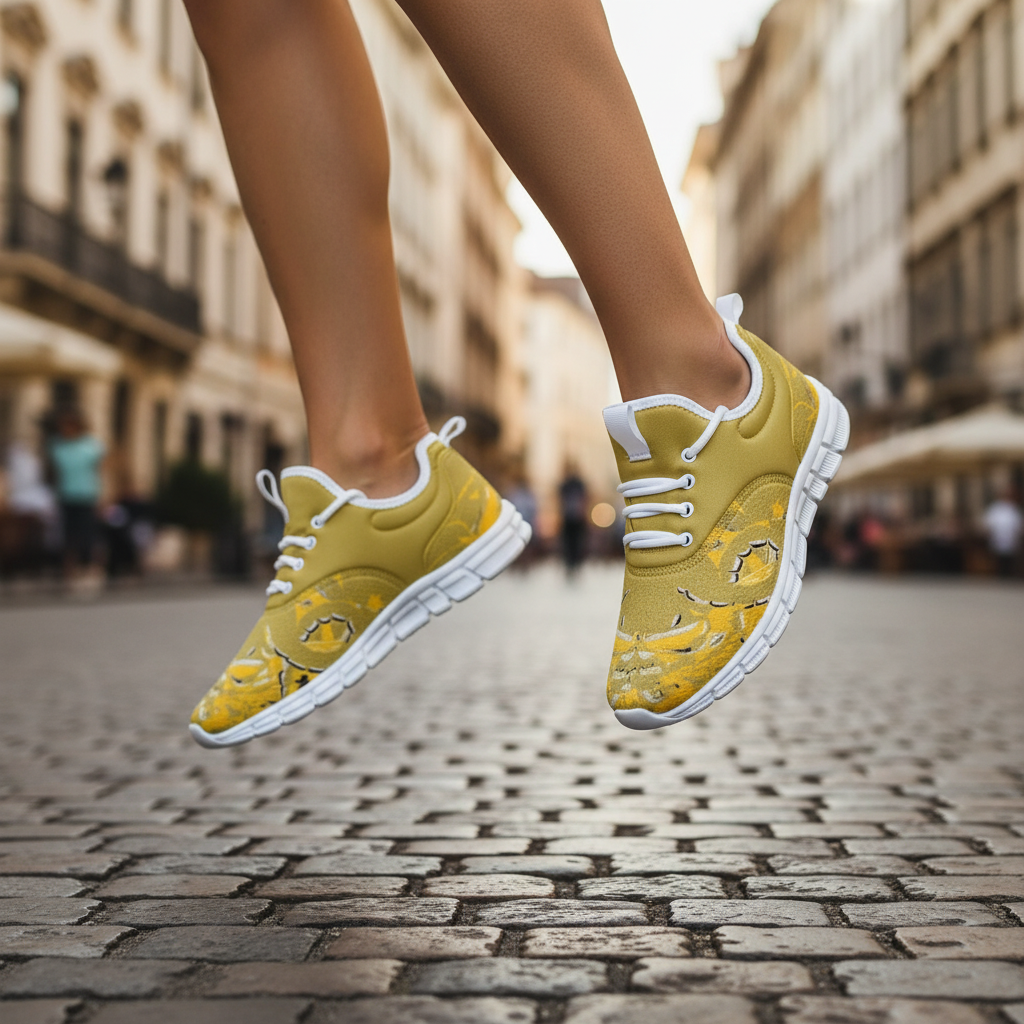 Jumping or mid-stride on city street