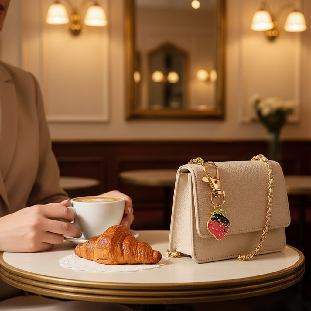 Keychain detail at café table