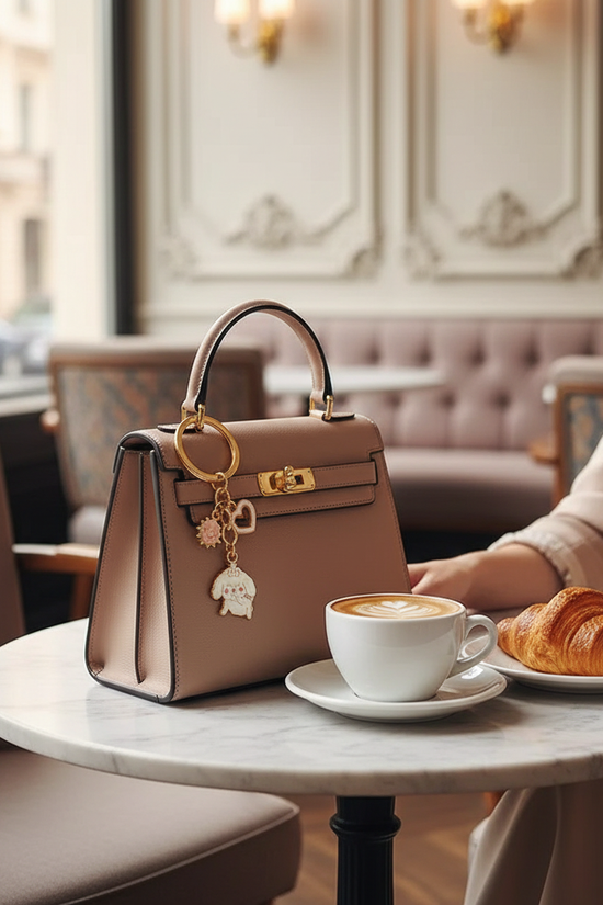 Keychain detail at café table