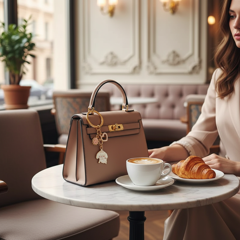 Keychain detail at café table