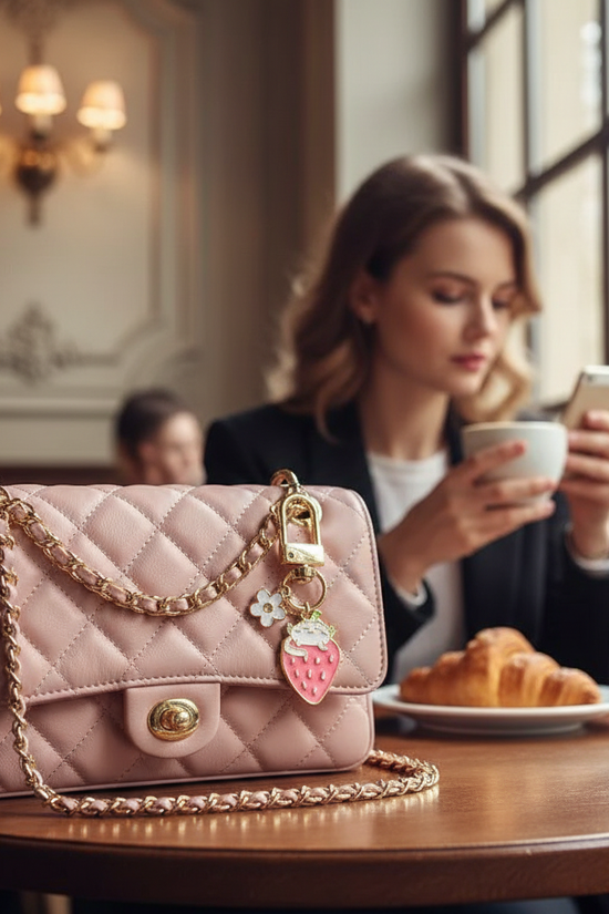 Keychain detail at café table