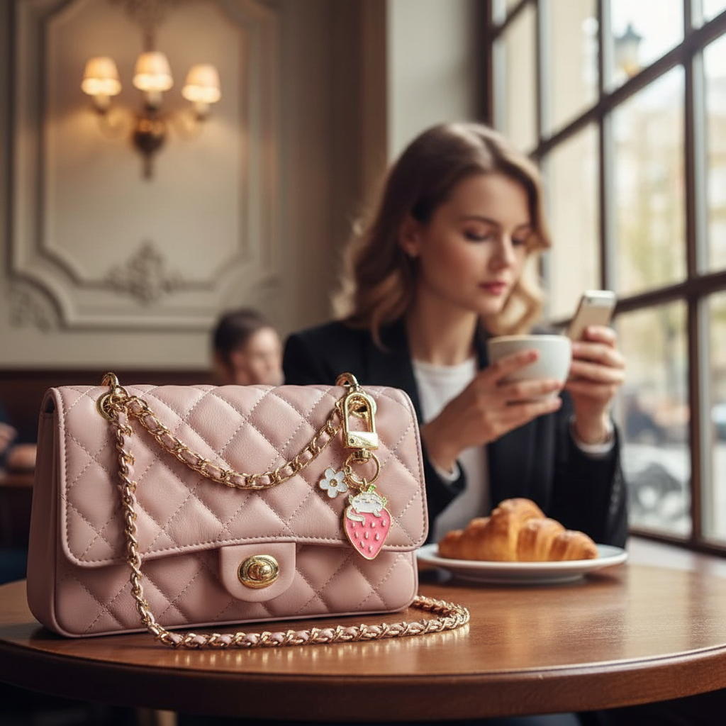Keychain detail at café table