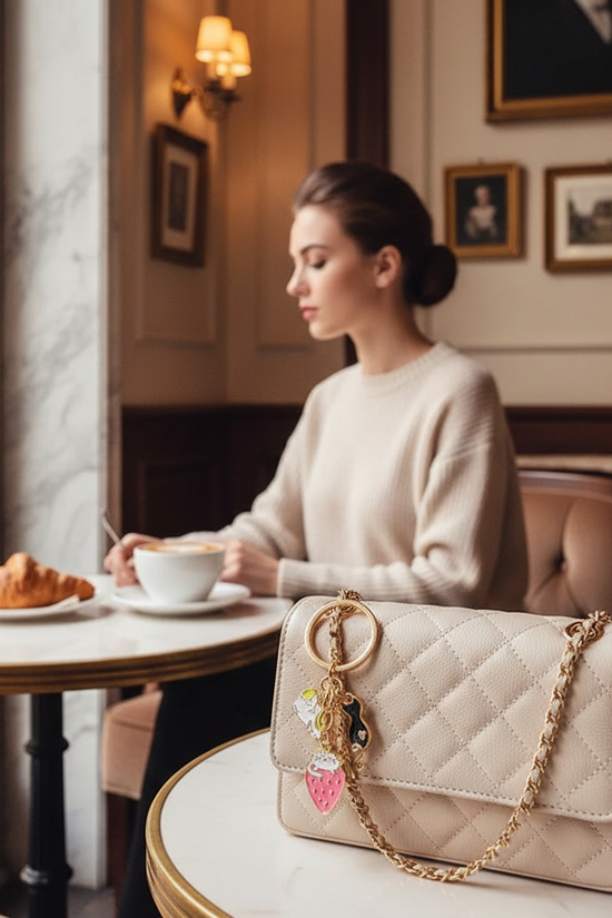 Keychain detail at café table