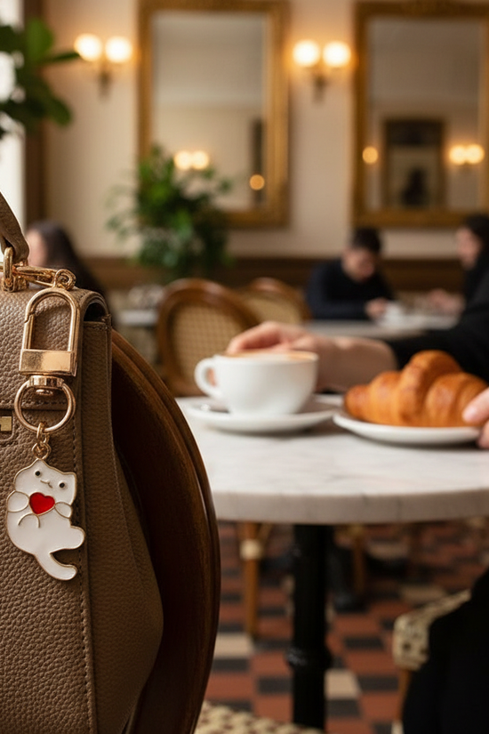 Keychain detail at café table