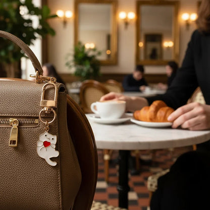 Keychain detail at café table