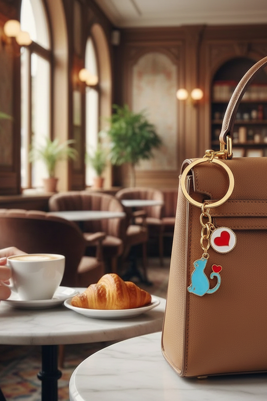 Keychain detail at café table