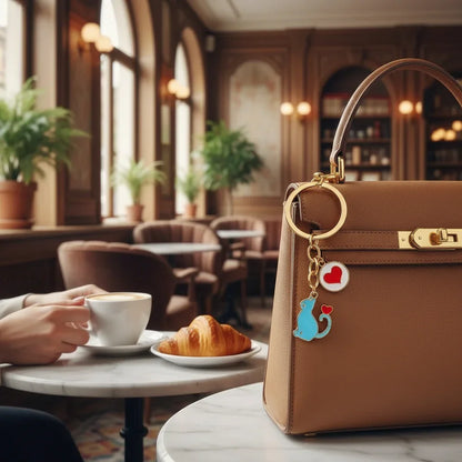 Keychain detail at café table