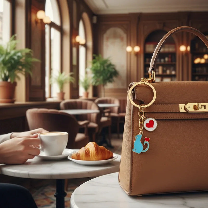 Keychain detail at café table