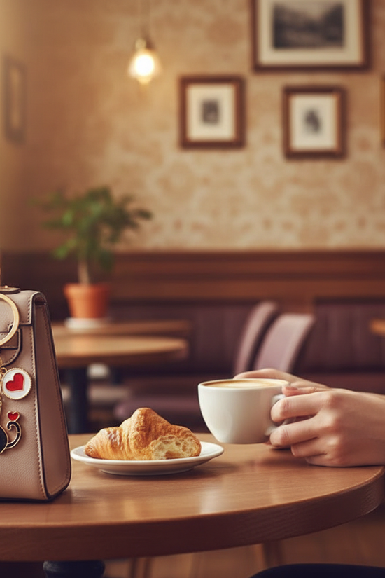 Keychain detail at café table