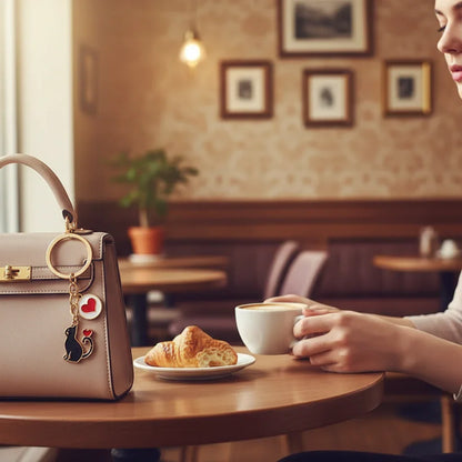 Keychain detail at café table