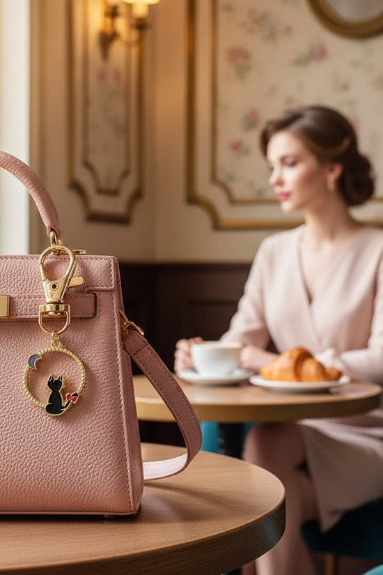 Keychain detail at café table