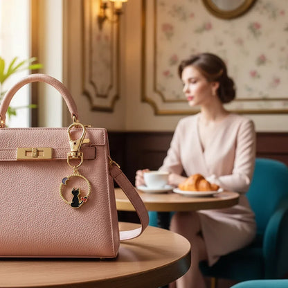 Keychain detail at café table