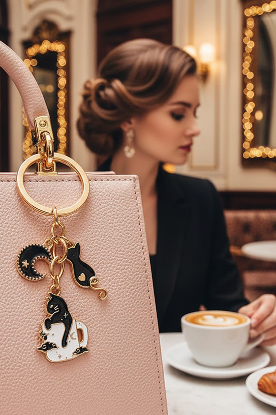 Keychain detail at café table