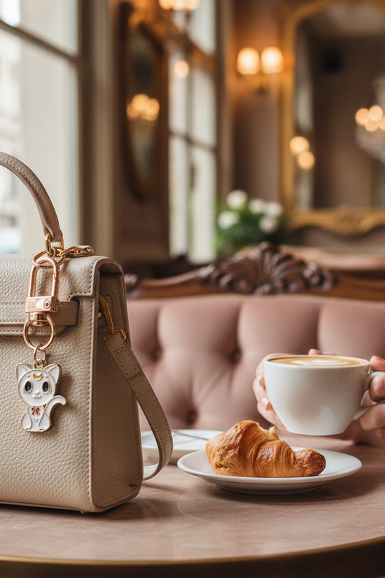 Keychain detail at café table